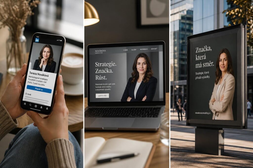 Jak určit délku portrétního focení podle výsledků Žena s portrétem na mobilu, laptopu a billboardu znázorňuje různé použití fotografií
