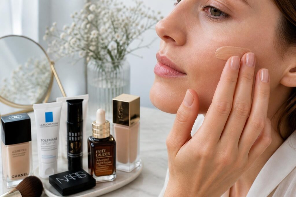 Domácí příprava na focení s lehkým make-upem Žena nanáší lehký make-up doma s oblíbenou kosmetikou