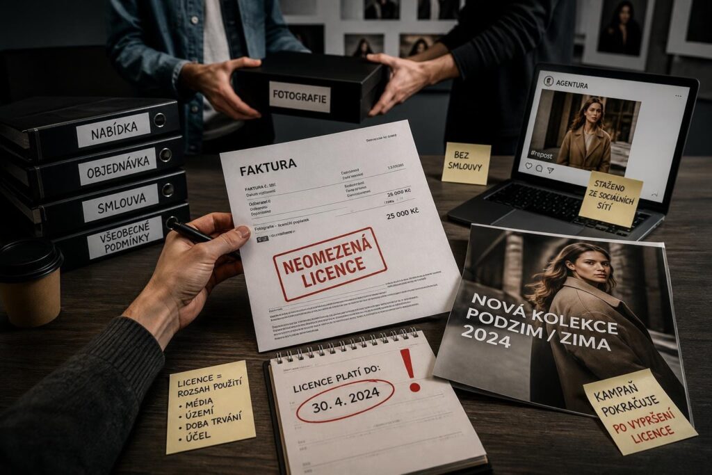Chyby při změně účelu a předání fotografií Dokumenty a notebook na stole při předávání fotografií s odlišným účelem