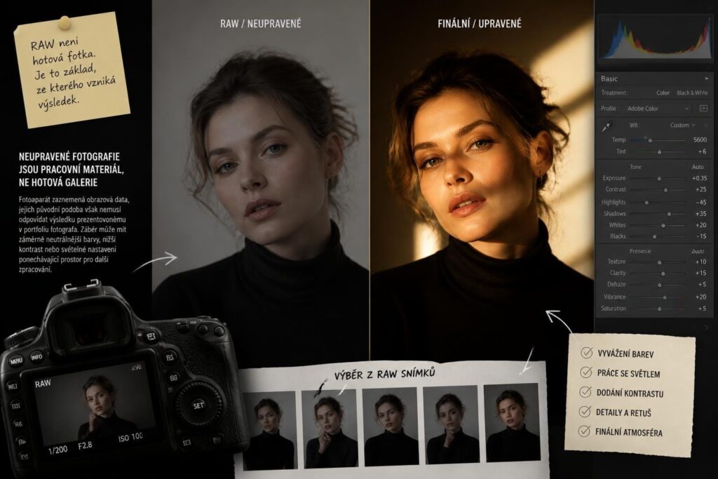 Proč fotograf neupravuje a neodevzdává RAW snímky Porovnání neupravené a upravené verze portrétu ženy jako ukázka pracovního materiálu