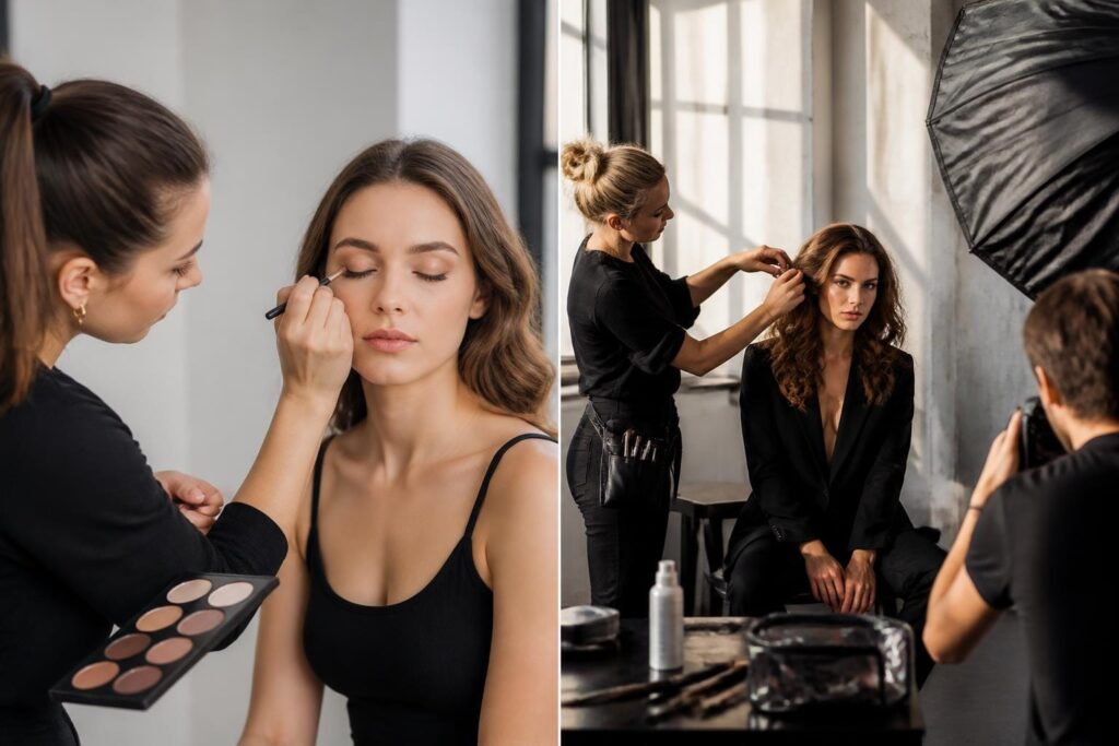 Jak určit potřebnou přípravu před focením s vizážistkou Vizážistka aplikuje make-up, zatímco další připravují vlasy před focením
