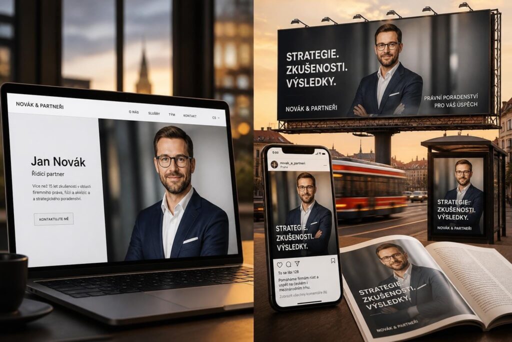 Kdy platit příplatek za použití fotografií v reklamě Muž v obleku na firemním profilu ukazujícím využití fotografie v reklamě