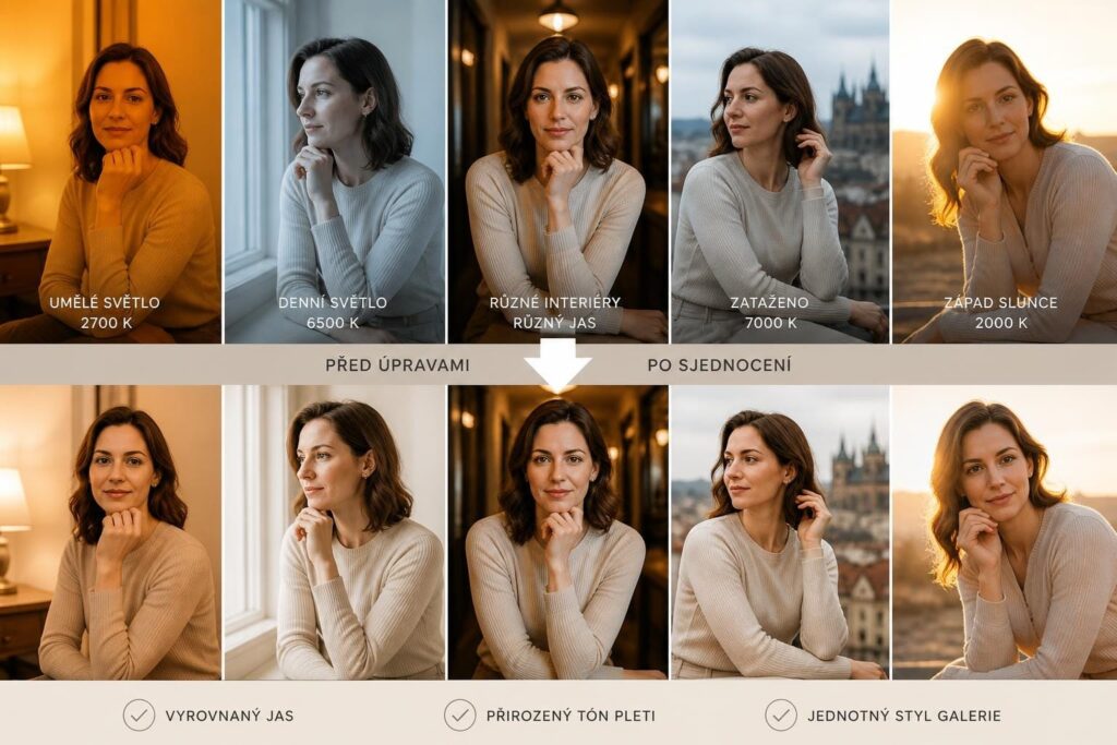 Jak úpravy sjednocují světlo na portrétech Porovnání fotografií ženy před a po úpravách sjednocujících světlo a tón pleti