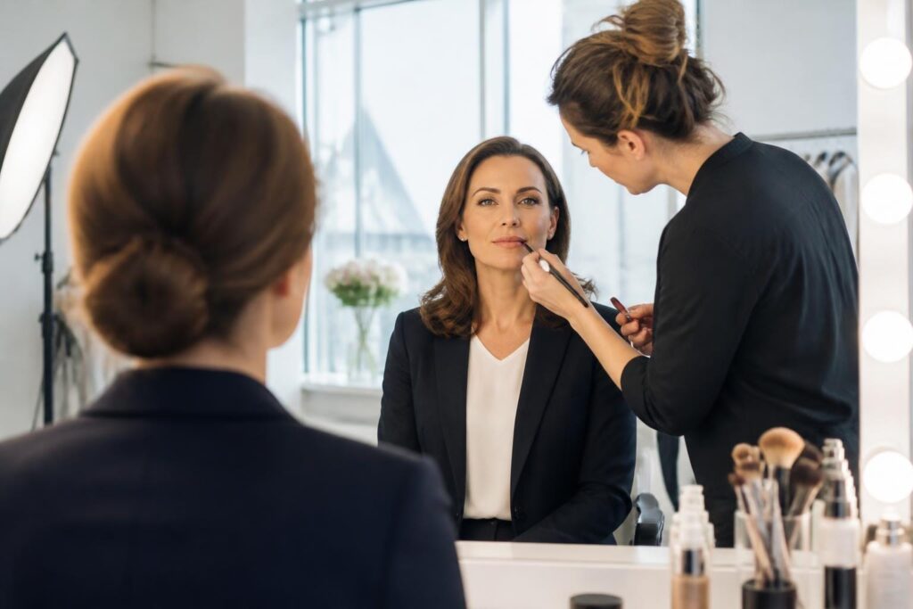 Výběr vizážistky podle cíle fotek Vizážistka upravuje make-up ženy před focením podle účelu snímků