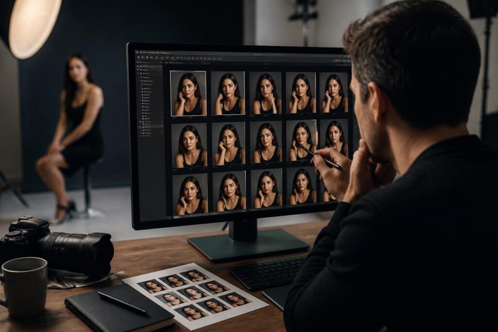 Výběr záběrů pro přehlednou fotografickou galerii Fotograf vybírá nejlepší portréty ženy v ateliérové galerii