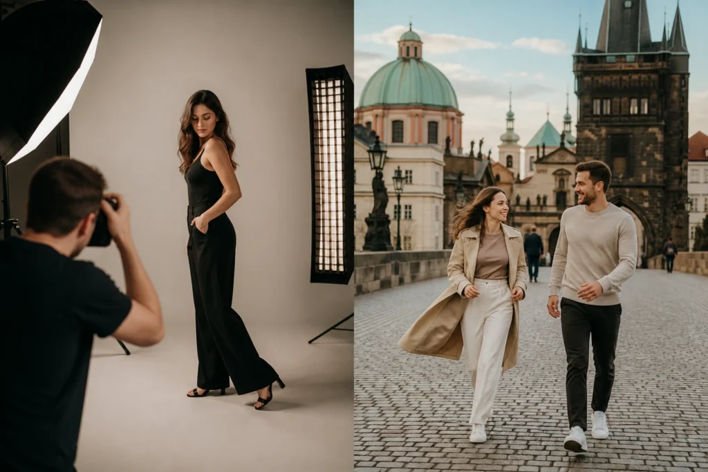 Rozdíly mezi focením v ateliéru a exteriéru Profesionální focení modelky v ateliéru na neutrálním pozadí