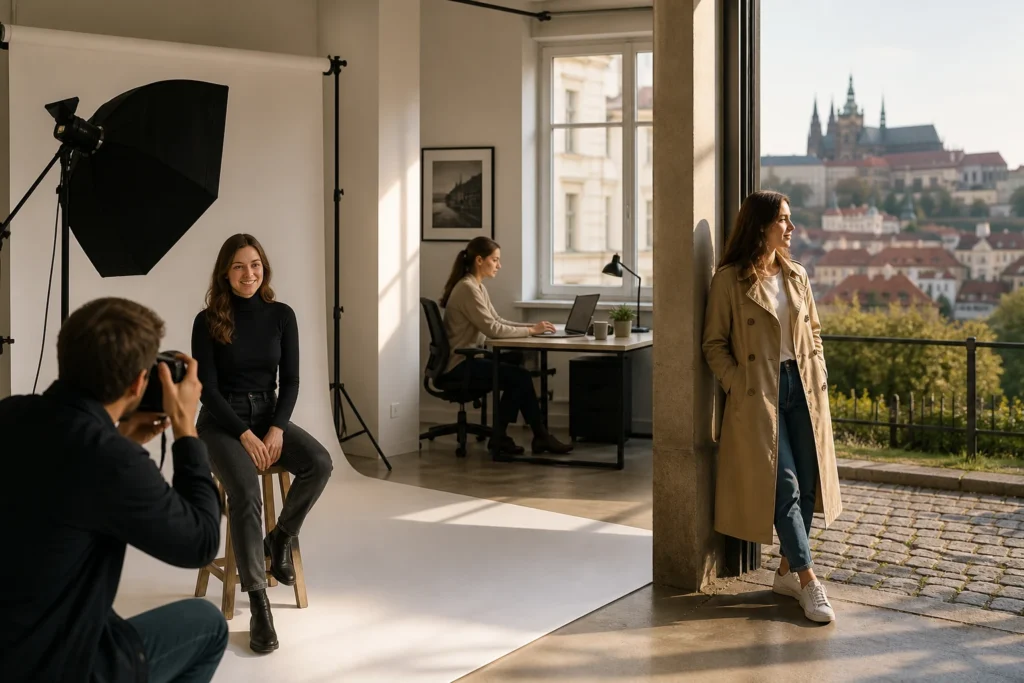 Výběr prostoru pro focení podle soukromí Fotograf a modelka v moderním ateliéru s důrazem na soukromí prostoru