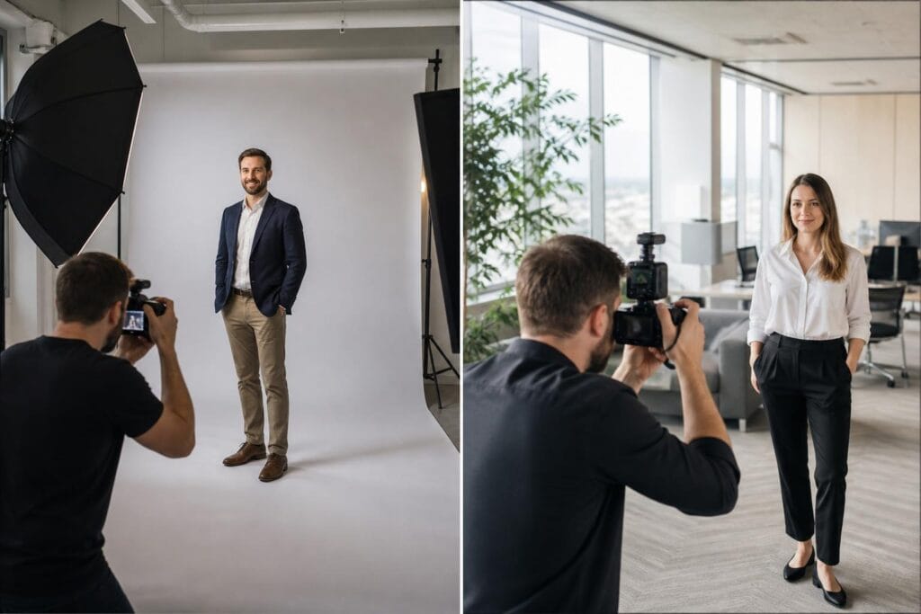 Volba ateliéru a kanceláře pro jednotný firemní styl Fotograf pořizuje portréty ve studiu s bílým pozadím i v kanceláři s přirozeným světlem