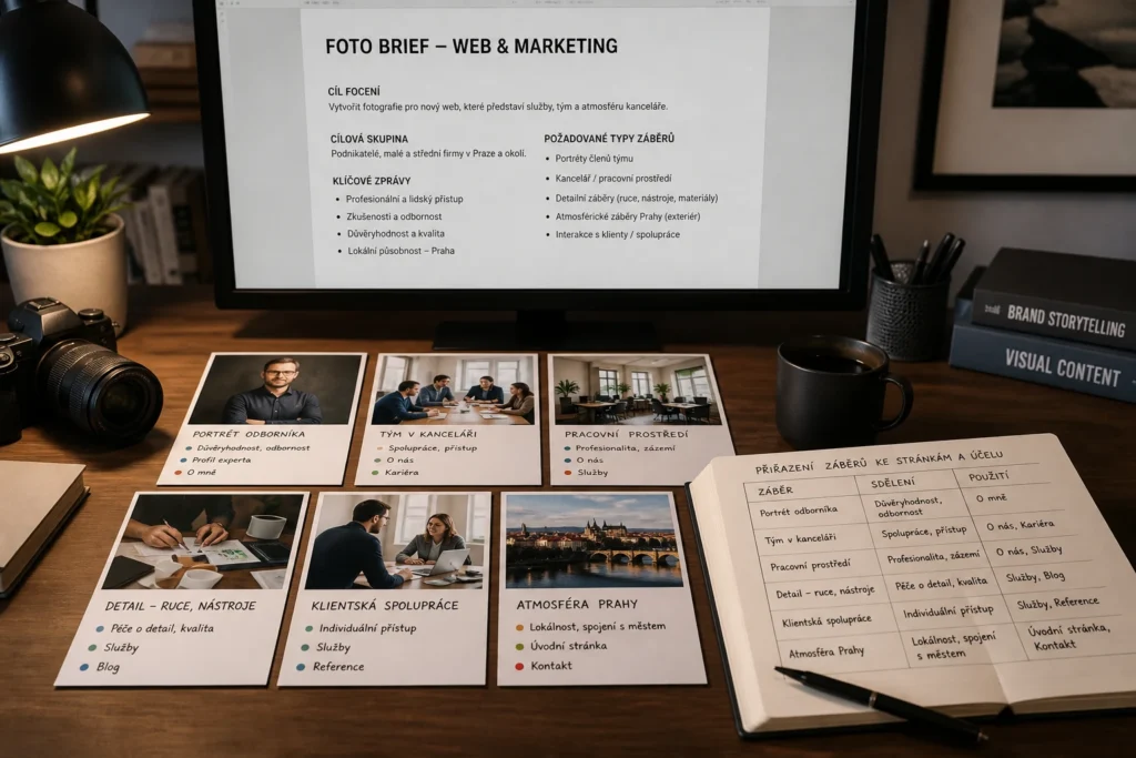 Fotografický brief pro webové stránky a jejich účely Pracovní stůl s fotografickými kartami pro webové stránky a účely