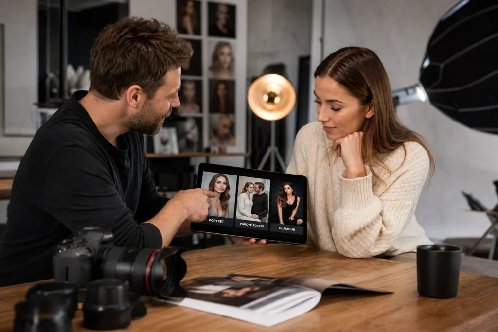 Jak vybrat dárkový poukaz na focení podle přání Fotograf ukazuje klientce možnosti focení na tabletu podle jejích přání