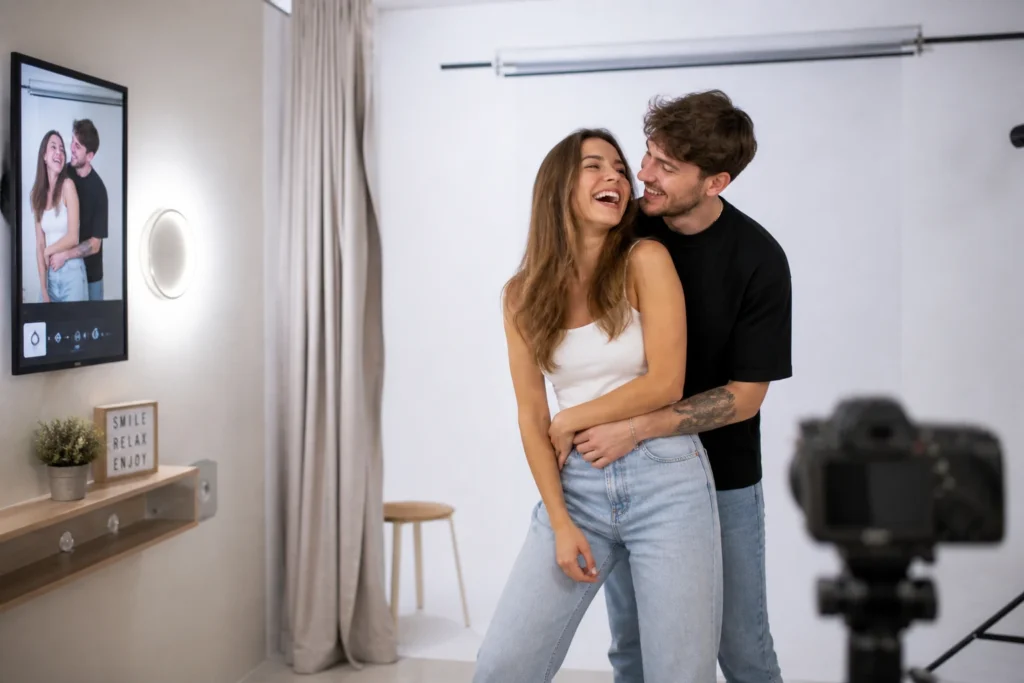 Spontánní párové fotografie v samoobslužném studiu Spokojený pár se spontánně fotí v samoobslužném ateliéru