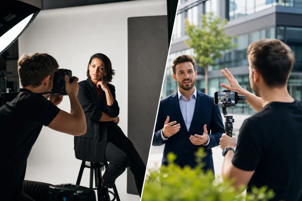 Fotograf a content creator: klíčové rozdíly pro firmy Fotograf fotí v ateliéru, zatímco content creator natáčí video venku