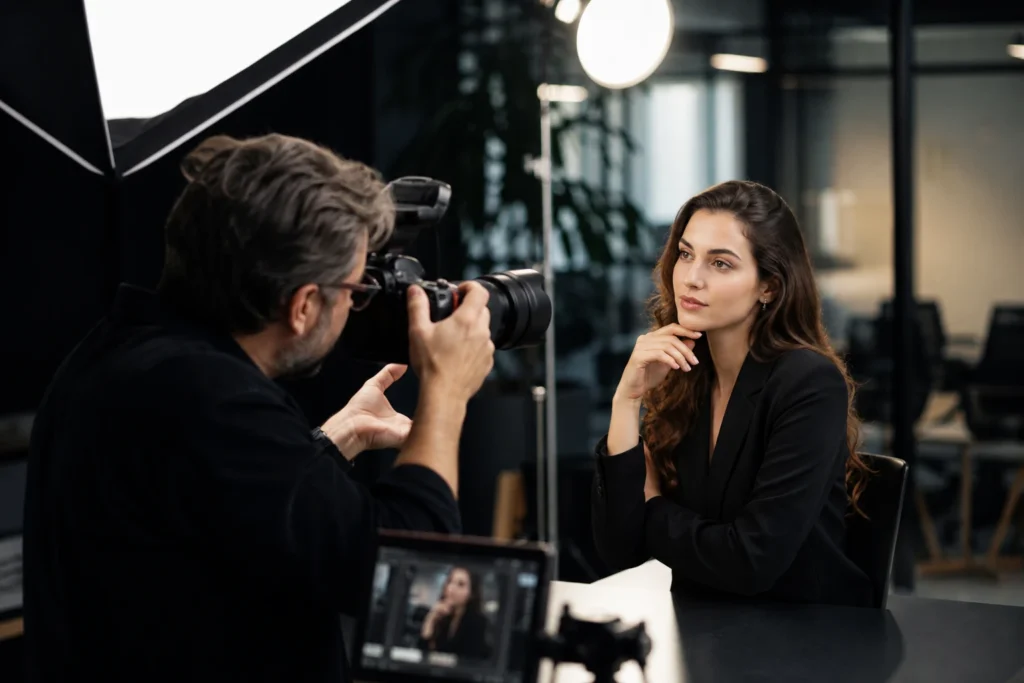Fotograf pro portréty a náročnou vizuální produkci Fotograf instruuje modelku při focení náročného portrétu