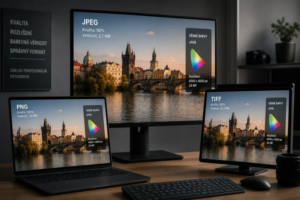 JPEG, PNG nebo TIFF vybírejte podle navazujícího zpracování Pracovní stanice s třemi monitory a notebookem ukazující rozdíly mezi JPEG, PNG a TIFF