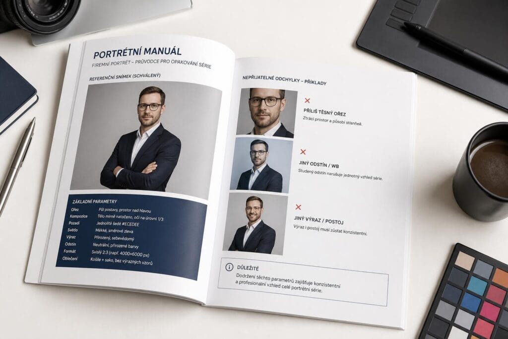 Portrétní manuál pro jednotný styl firemních portrétů Otevřená kniha s portrétním manuálem a příklady povolených i nepřijatelných portrétů