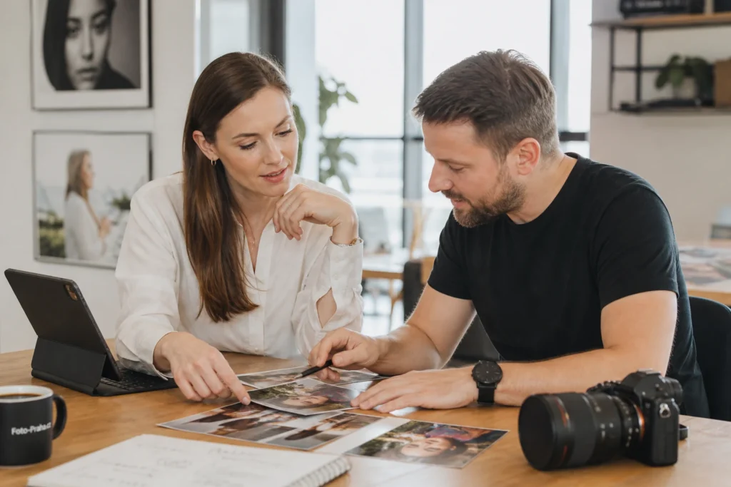 Dva lidé diskutují nad ukázkami fotografií a světelných stylů před rezervací