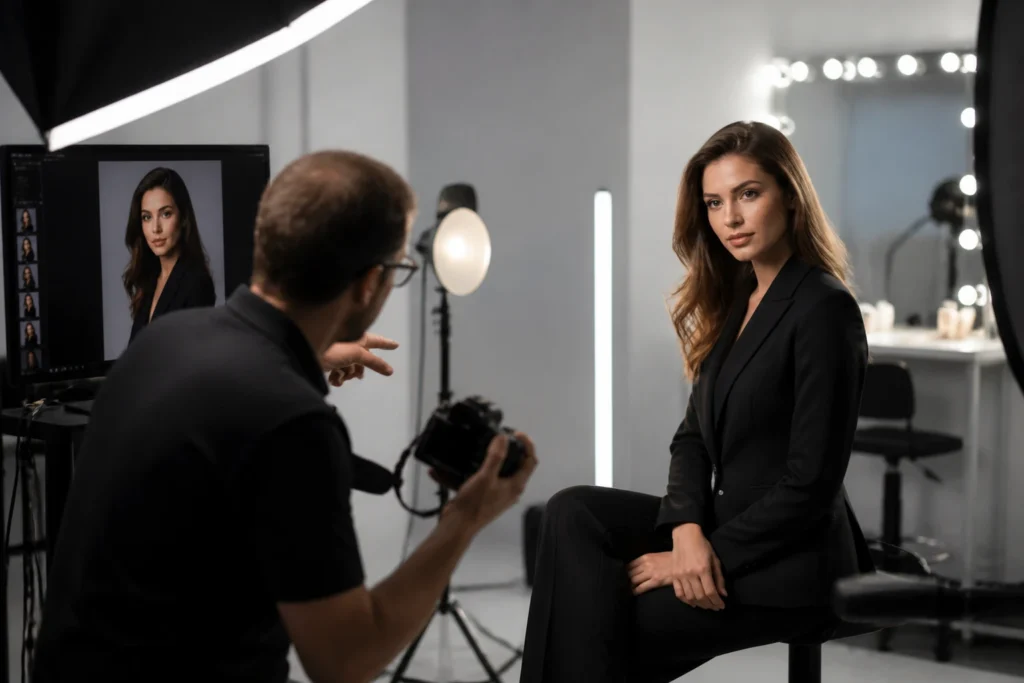 Proč vybrat profesionála pro business portrét a modeling Profesionální fotograf instruuje modelku při business portrétu