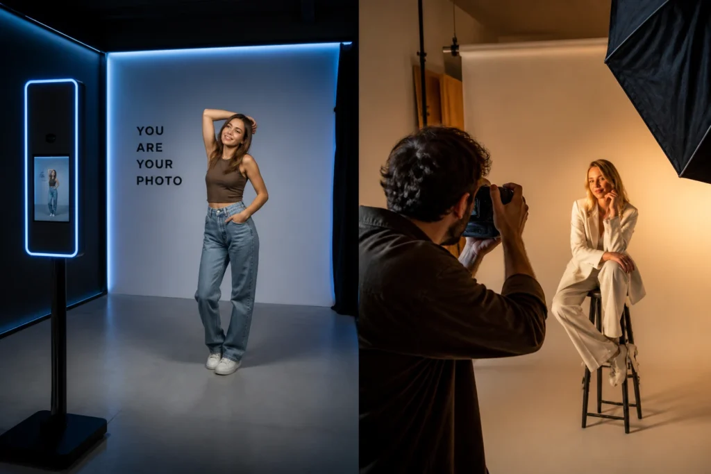 Kdo kontroluje výsledek při focení: studio nebo fotograf? Žena pózuje v moderním self-photo studiu s modrým osvětlením před samospouští