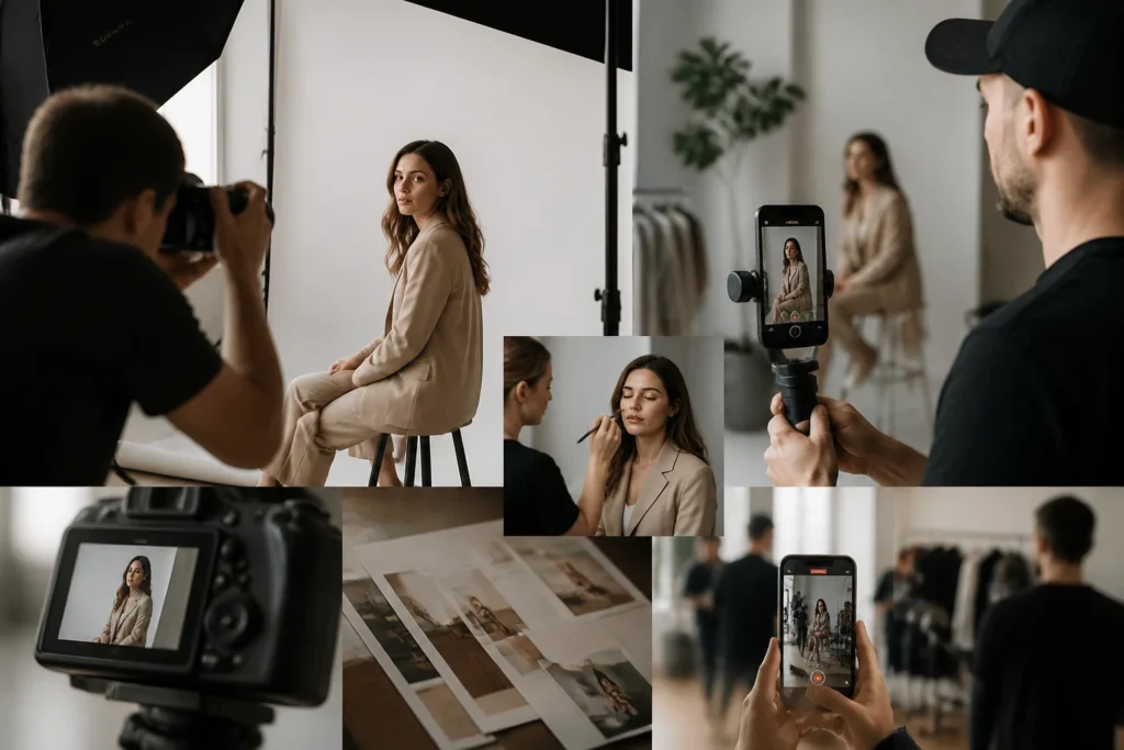 Rozdělení práce fotografa a content creatora ve firmě Fotograf a content creator spolupracují na hlavních fotografiích a sociálním obsahu