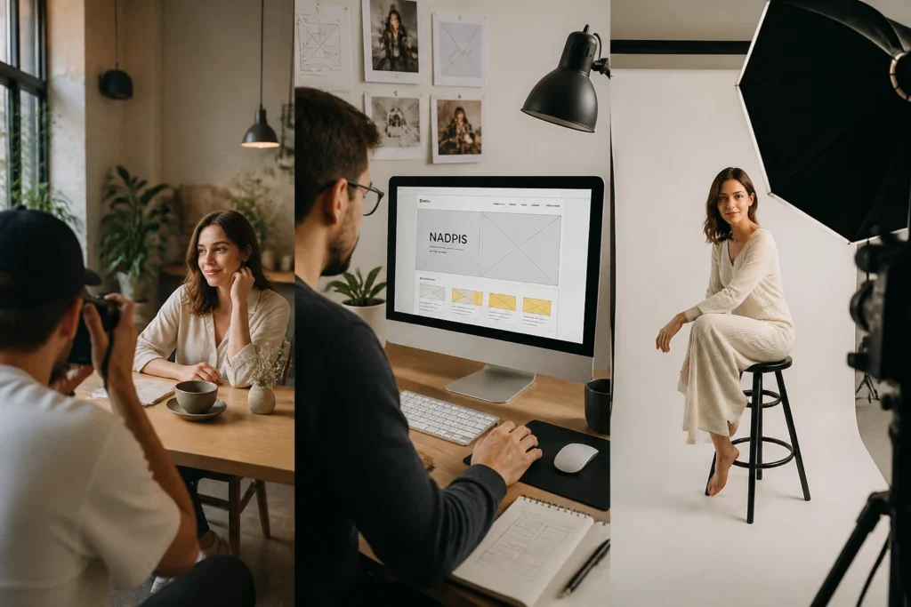 Časování focení podle role snímků v designu webu Fotografování a návrh wireframu propojené pro optimalizaci designu webu