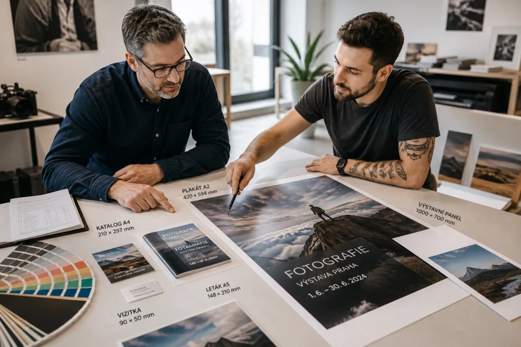 Jak správně vyžádat tiskové specifikace od grafika Dva muži konzultují tiskové materiály a specifikace u stolu
