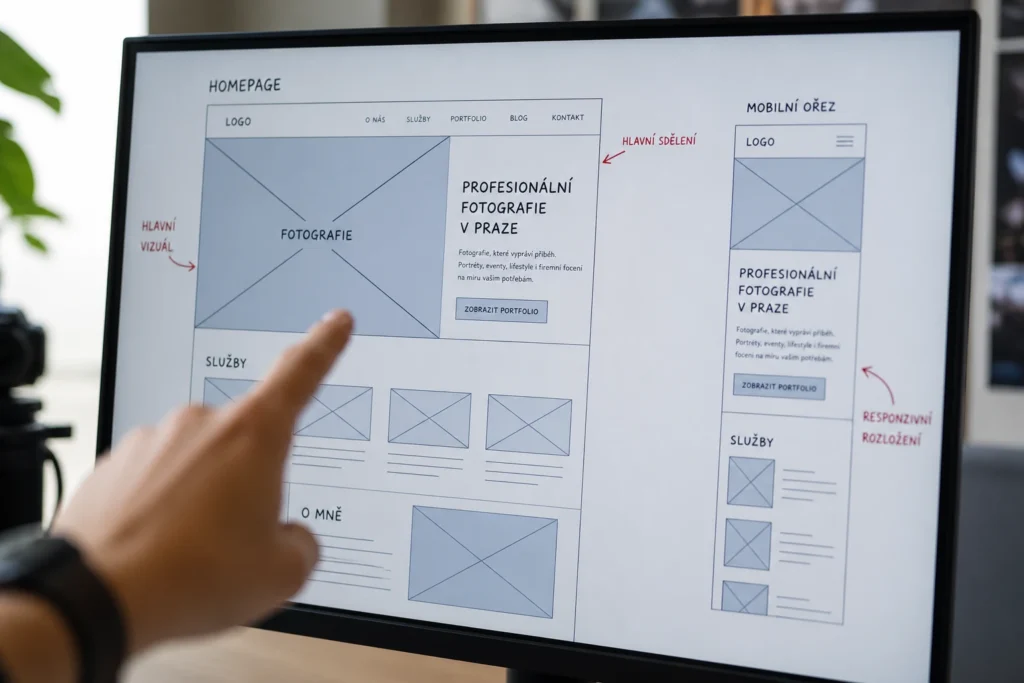 Wireframe: Klíč ke správné kompozici a mobilnímu ořezu Wireframe zobrazující kompozici, rozložení textu a mobilní ořez