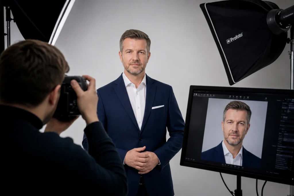 Muž v obleku před studiovými zábleskovými světly připravený na business portré