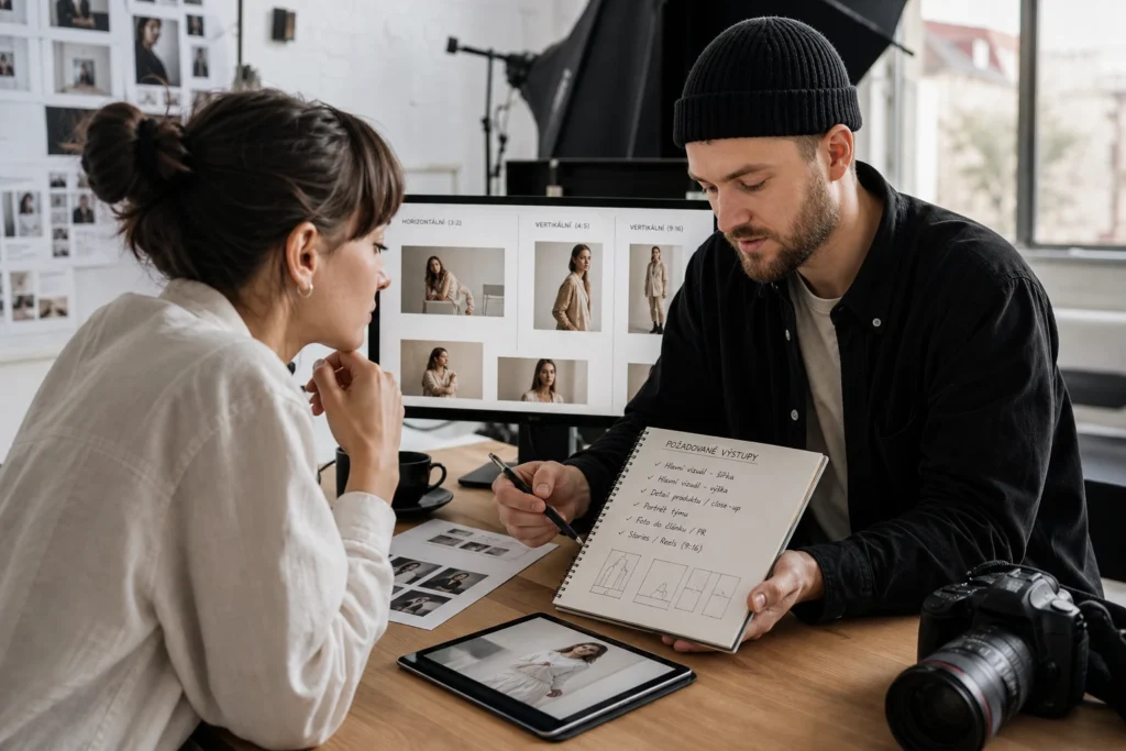 Jak správně zadat formáty fotografií před focením Fotograf a klientka plánují formáty fotografií před focením v ateliéru