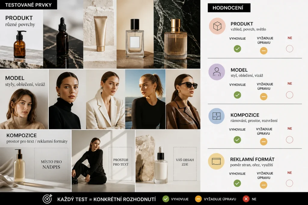 Zkušební reklamní focení pro kontrolu kampaně Koláž zkušebního focení kosmetiky a modelů pro kontrolu reklamních formátů