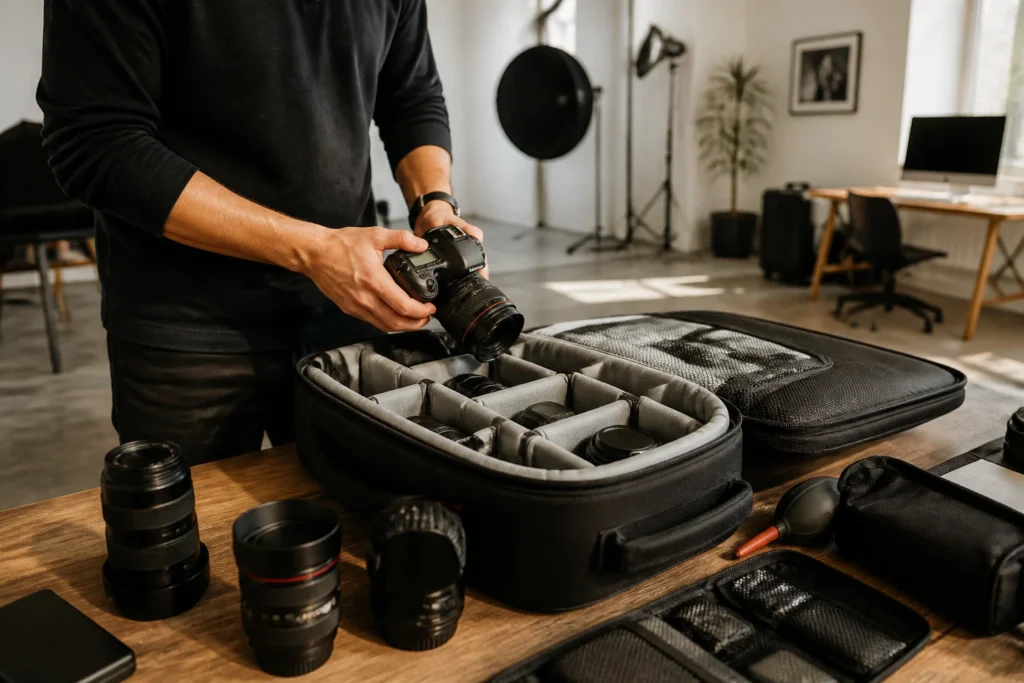 Rozložená náhradní fototechnika připravená pro rychlou výměnu při zakázce