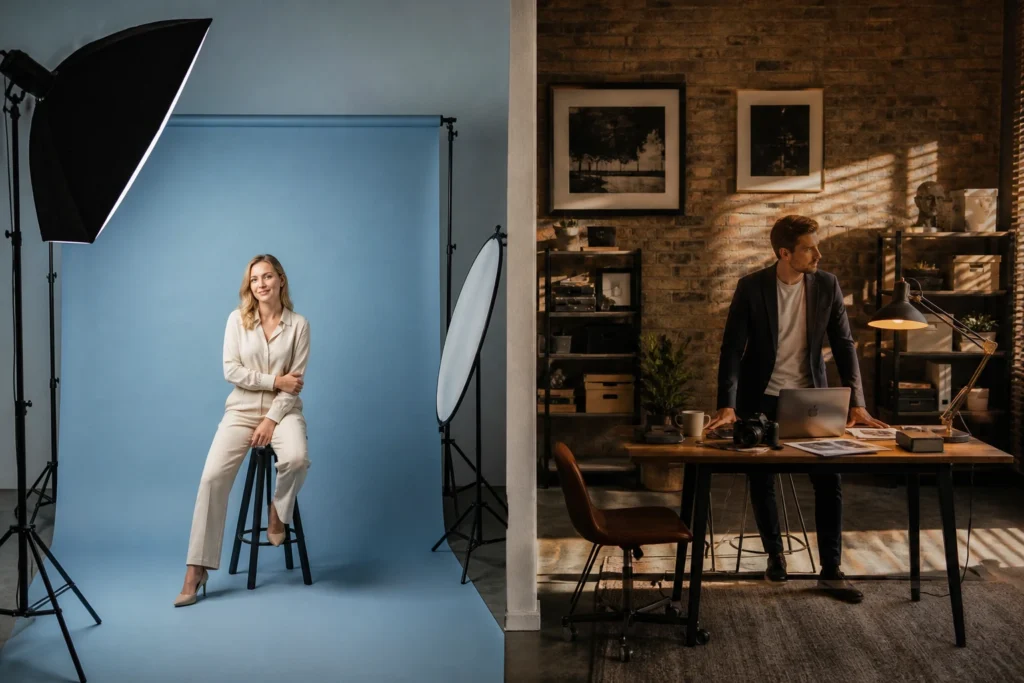 Porovnání fotoateliéru s pozadím a ateliéru v interiéru podle místa použití fotografií