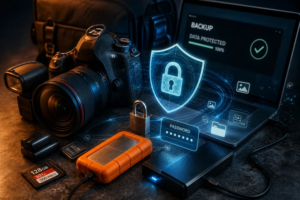 Profesionální fotoaparát a záložní disk znázorňující bezpečnou zálohu fotografií